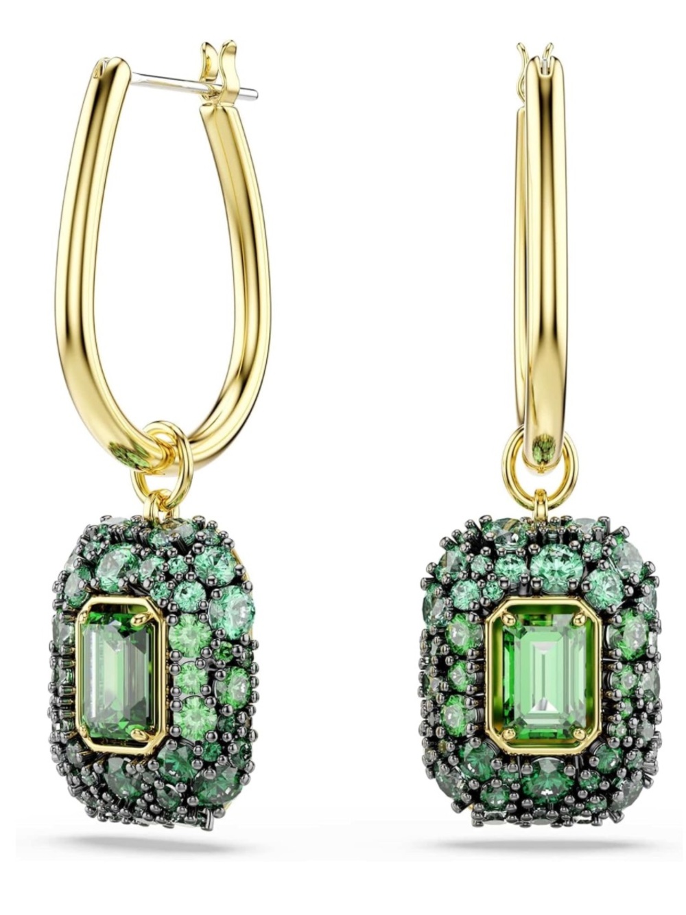 Swarovski Gold Hoop Sublima Earrings with Green Emerald Cut Drops and Pavรฉ - New